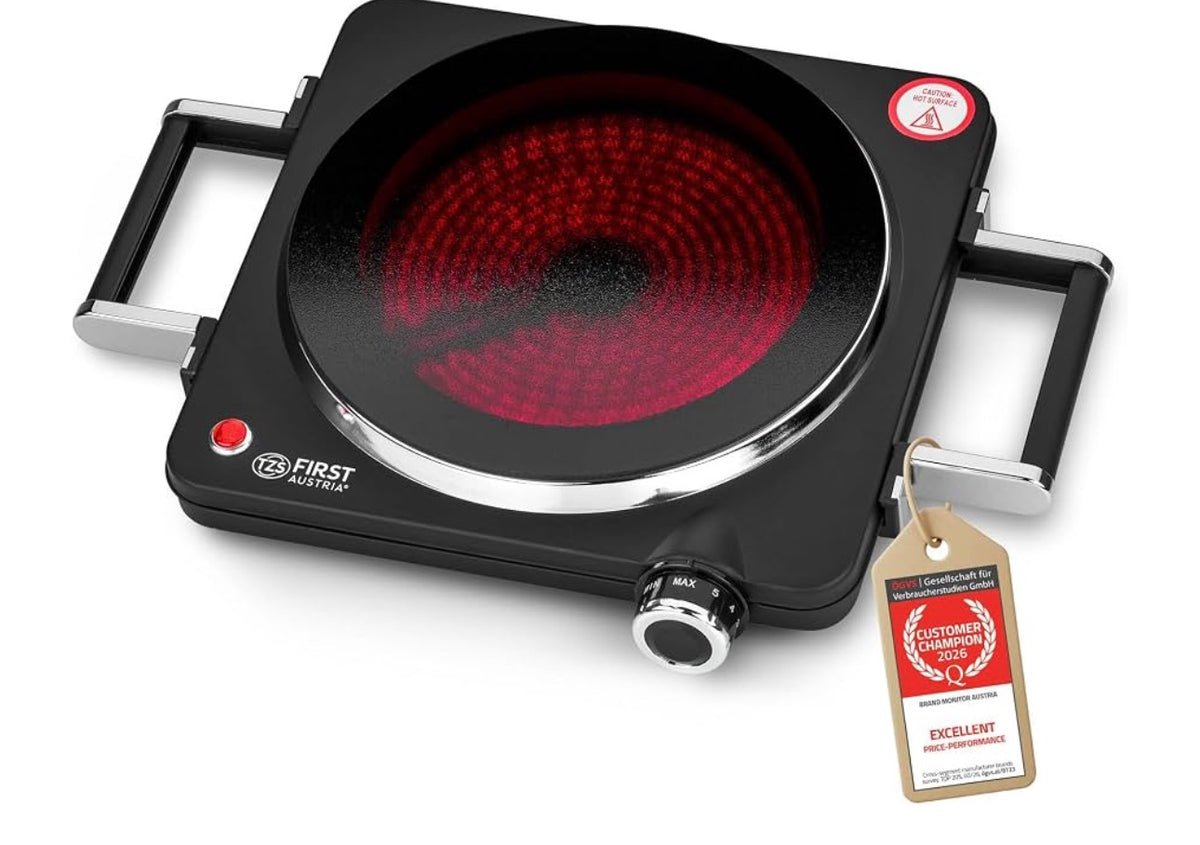 TZS First Austria Infrared Hot Plate — 1500 W, Ø 220 mm with Carry Handles