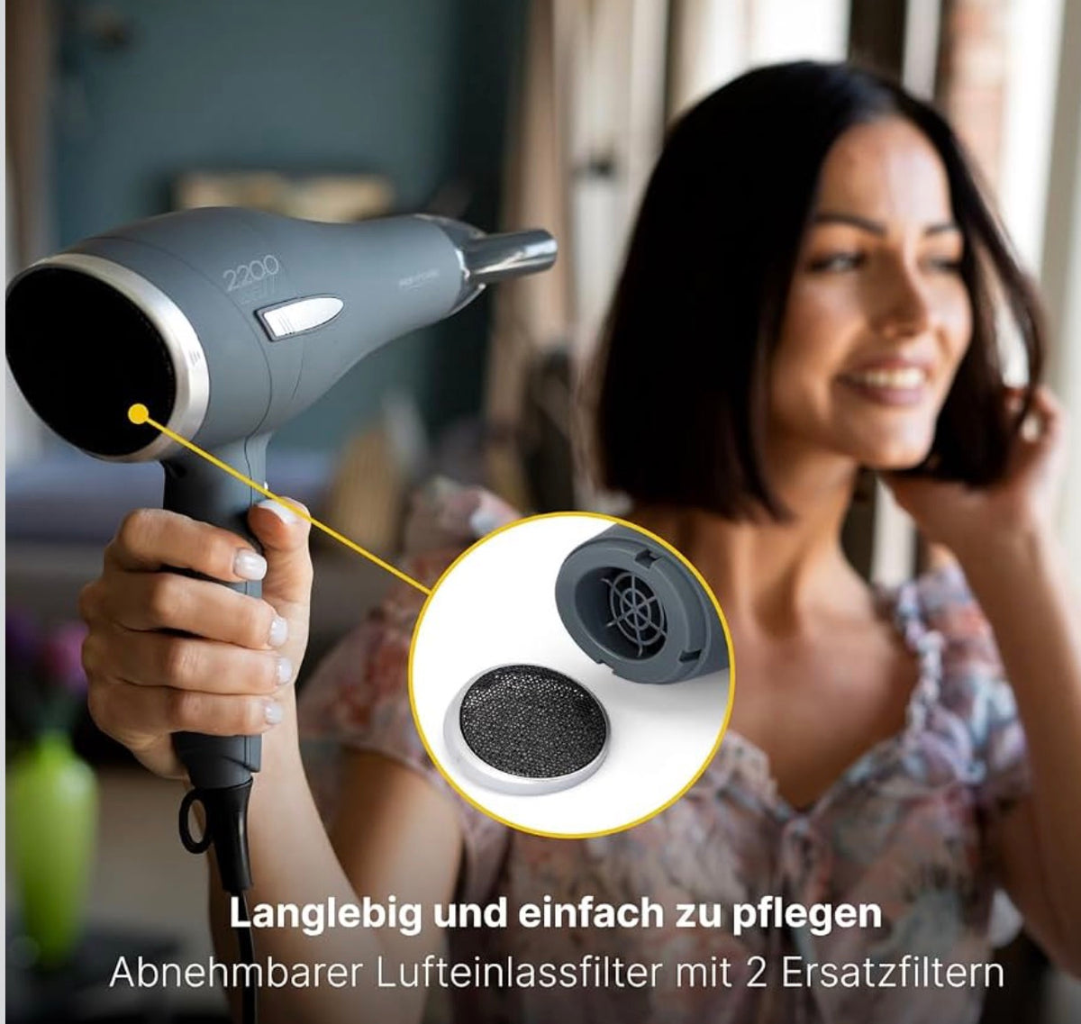 ProfiCare PC-HT 3045 Professional Hair Dryer, Hair Dryer with Soft-Touch Housing and Overheating Protection, Cool Shot, 3 Power Levels, Includes 2 Replacement Filters, 2200 Watt, Anthracite/Silver