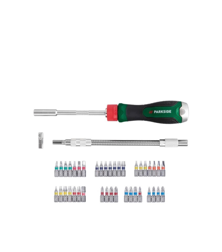 Parkside Ratchet screwdriver set and bits, in a handy plastic case