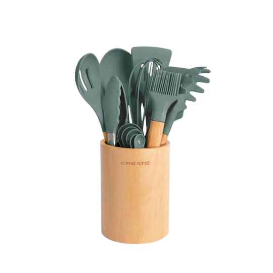 CREATE Kitchenware Studio — Silicone & Wood Kitchen Utensil Set with Holder