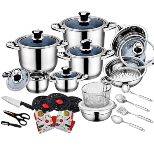 HARRAZ Interiors 30 PCS Cookware Set — Mirror-Polished Stainless Steel, Induction Suitable