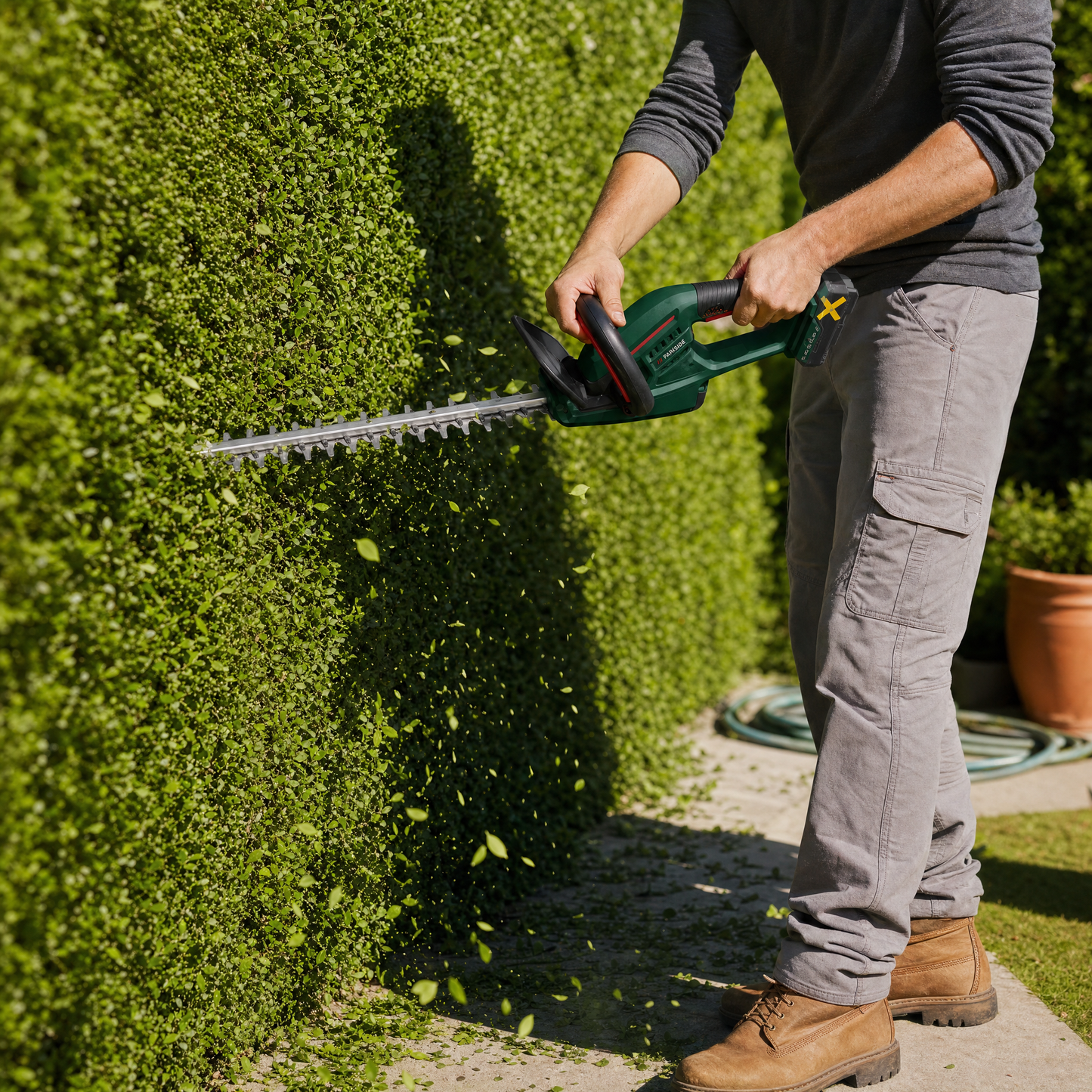 Parkside 20V cordless hedge trimmer in use