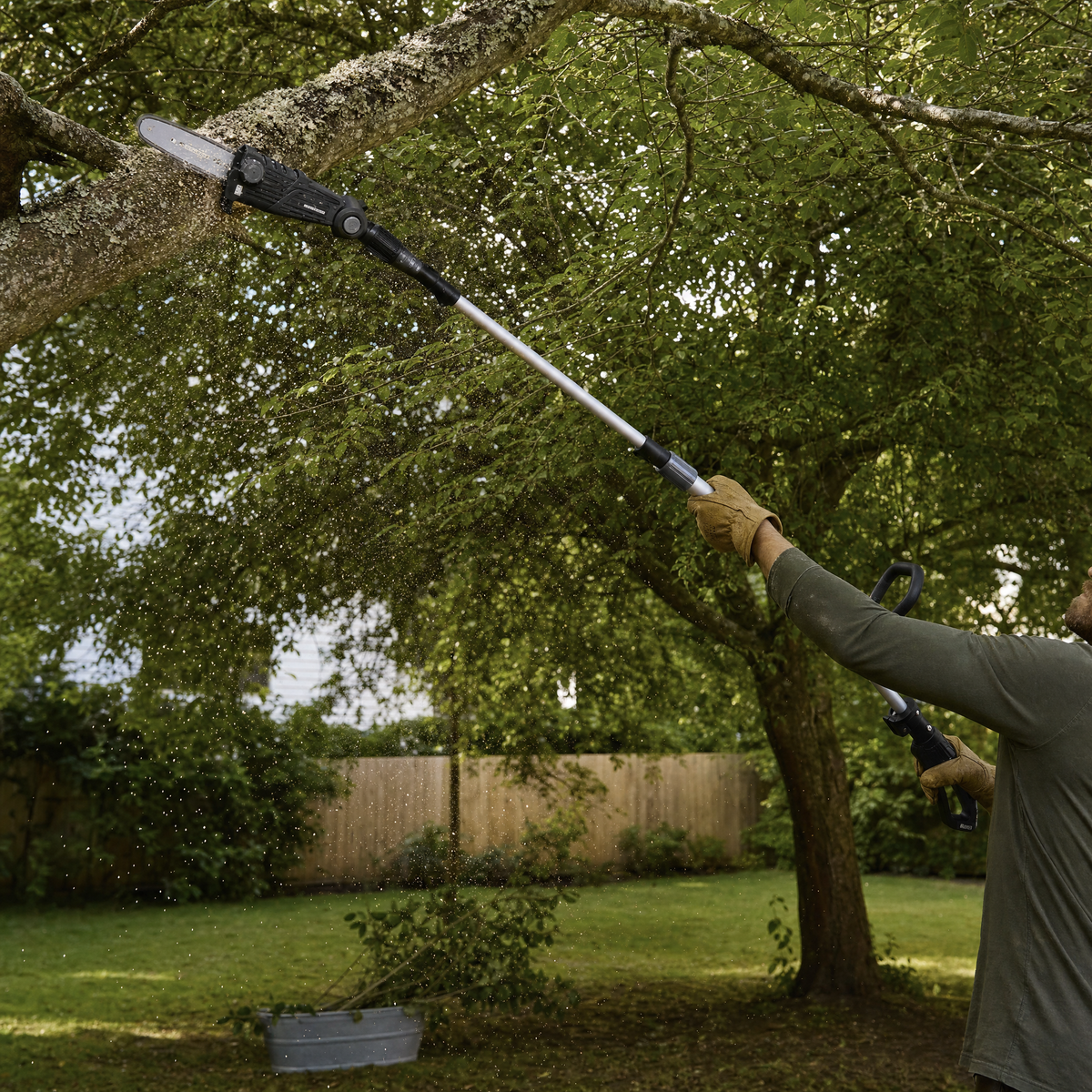 Parkside 20V cordless pole pruner in use