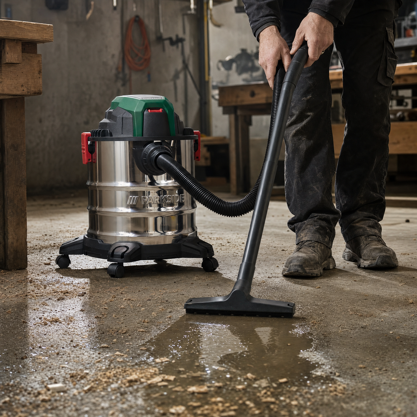 Parkside water and dust vacuum in use