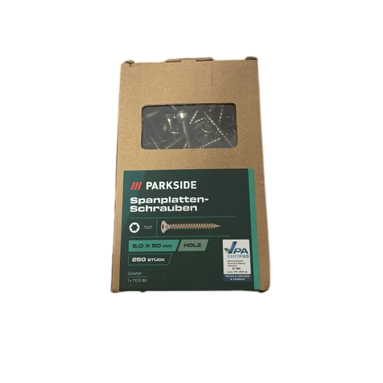 PARKSIDE Chipboard Screws 5.0 x 50 mm — 250 Countersunk TX25 Wood Screws with Bit,