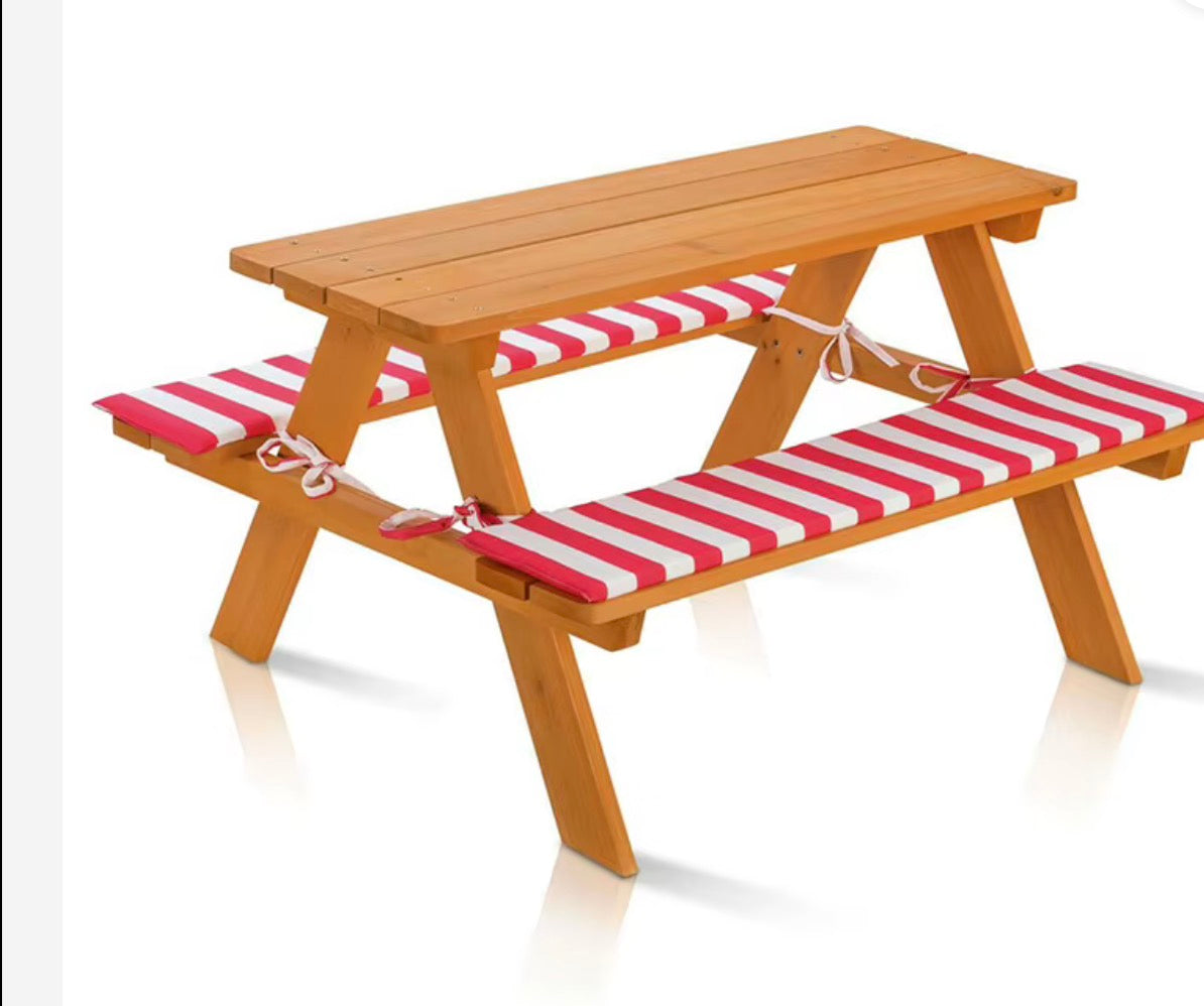 Livarno Home 89 x 79 x 50 cm wooden garden children's seating set, picnic bench set, natural wooden table with benches, seat cushions, 100 kg load capacit