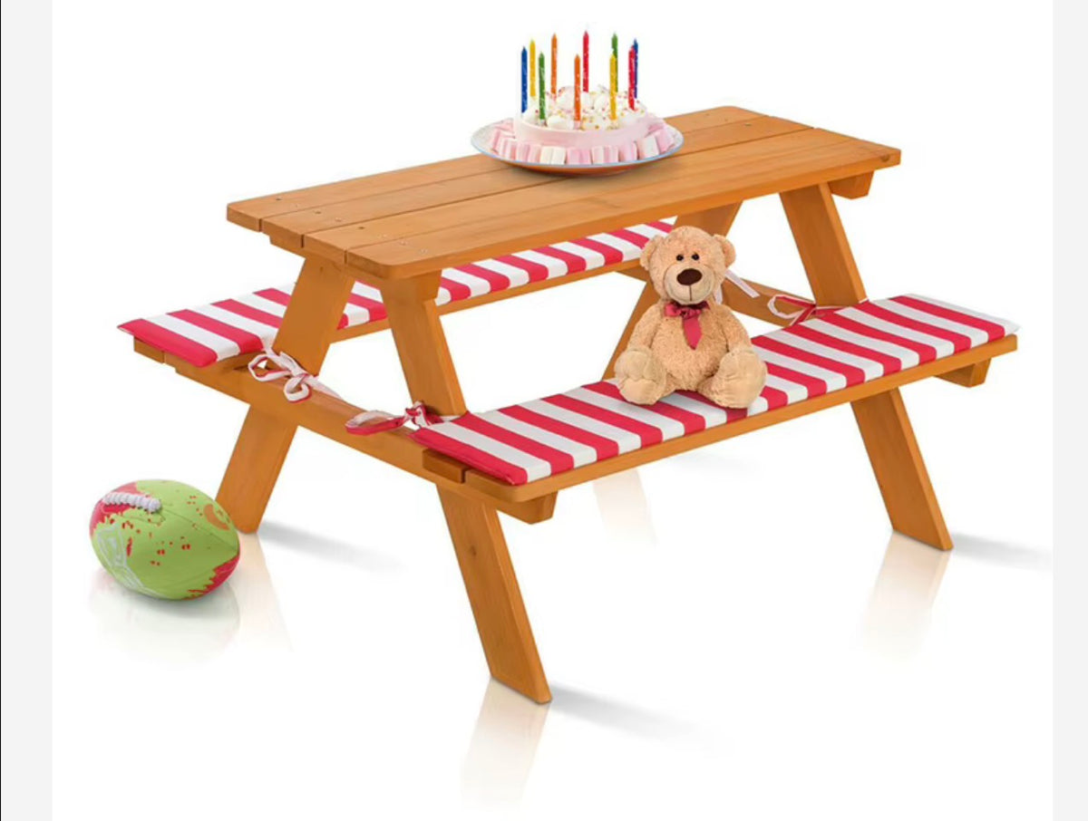 Livarno Home 89 x 79 x 50 cm wooden garden children's seating set, picnic bench set, natural wooden table with benches, seat cushions, 100 kg load capacit
