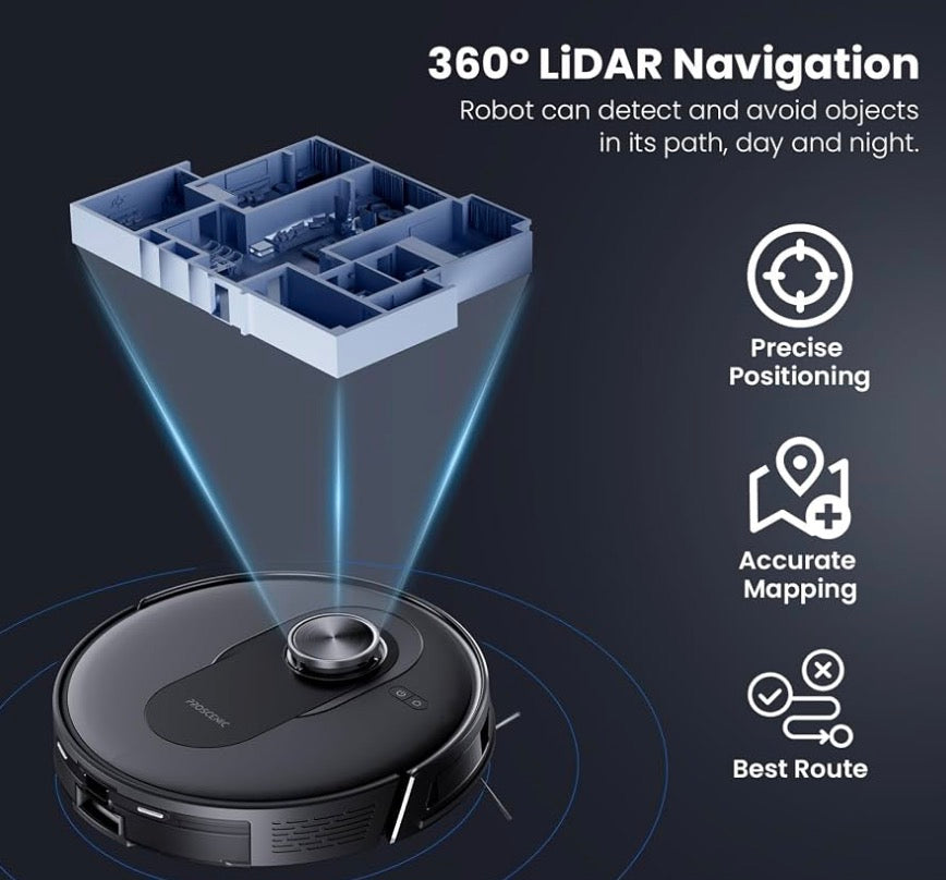 Proscenic Q8 Robot Vacuum Cleaner with Mop, Ultra Strong 6000Pa Robotic Vacuum with Lidar Navigation, 5 Real-Time Mapping, WiFi/Alexa/APP Remote Control Robot Hoover for Floor Carpet Pet Hair