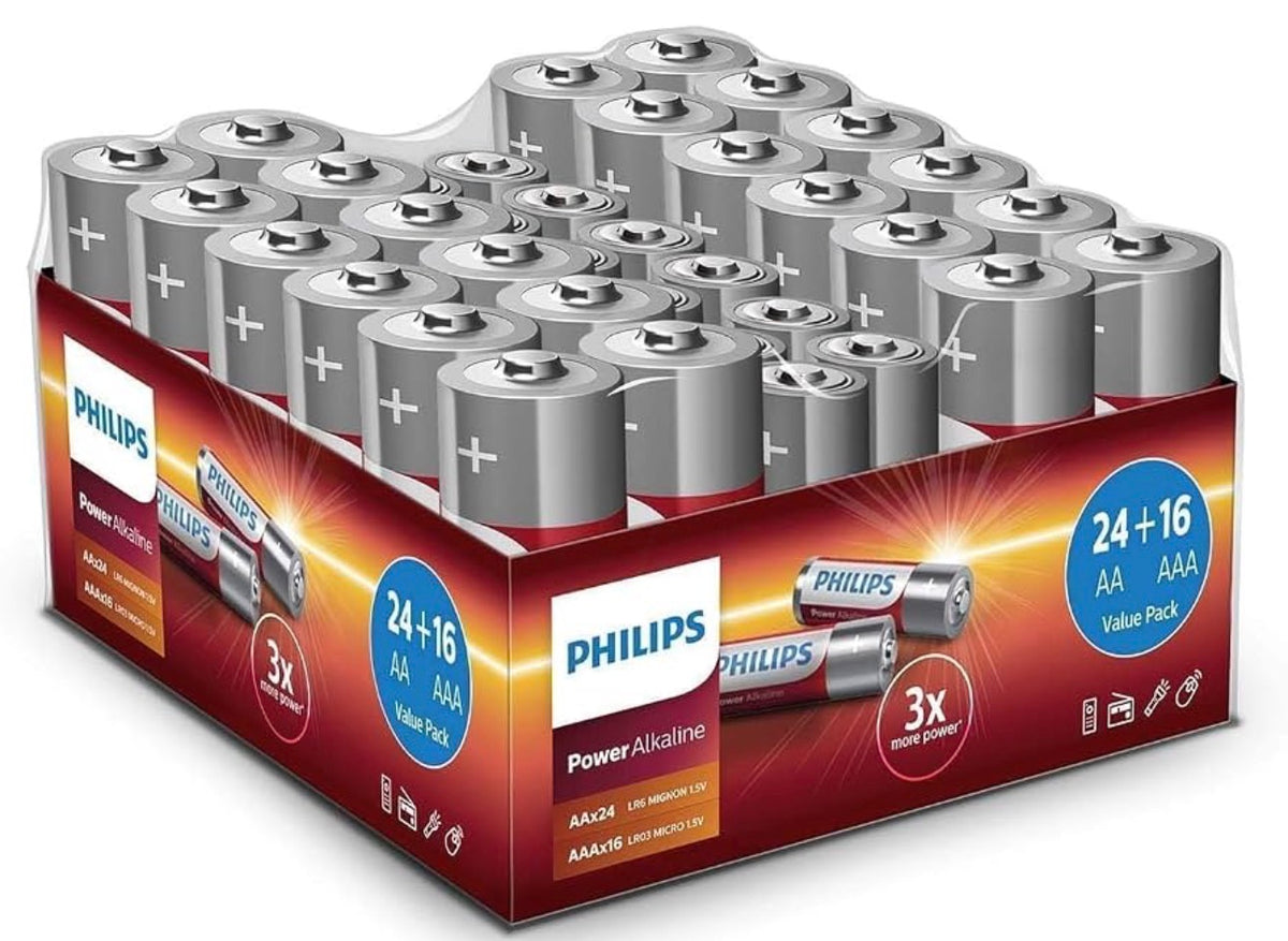Brand: Philips
Philips Value Pack Batteries 40 Pieces - 24 x AA Batteries and 16 x AAA Batteries - Power Alkaline Battery with Long Life - for Remote Control, Radio and More