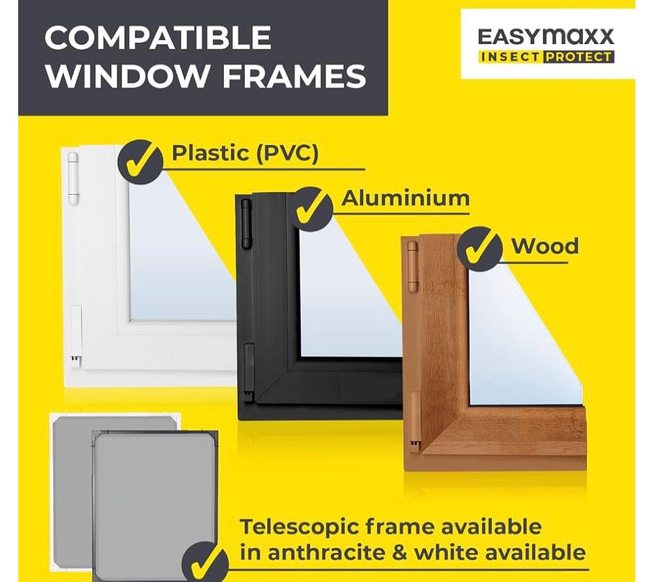EASYmaxx Telescopic Fly Screen Frame for Windows | Mosquito Net with Pre-Assembled Frame - Adjustable | Bug Mesh Easy Installation | Protection Against Mosquitoes, Flies, Wasps [Anthracite]