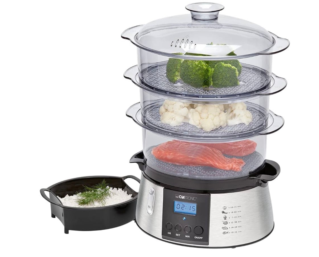 Clatronic DG 3547 Electric Steamer, Steam Cooker, Rice Cooker, Steamer with 3 Steamer Containers Including Rice Bowl, Digital Timer, LCD Display, Mesh Indicator Light, Black/Stainless Steel Look