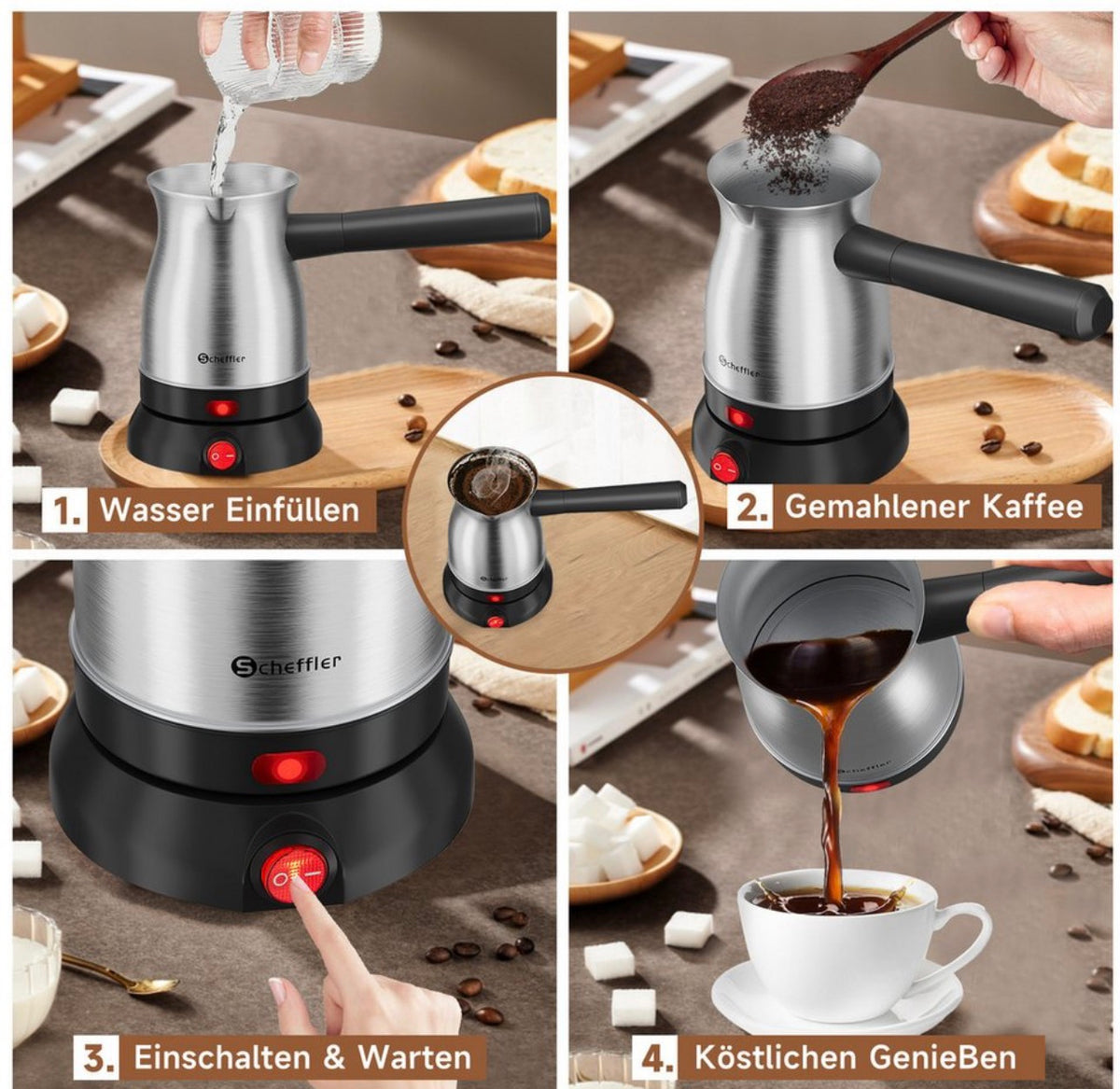 Scheffler Electric Turkish Coffee Pot 800W, Stainless Steel Moka Pot, 500ml Capacity, Cordless 360° Base, with Detachable Handle