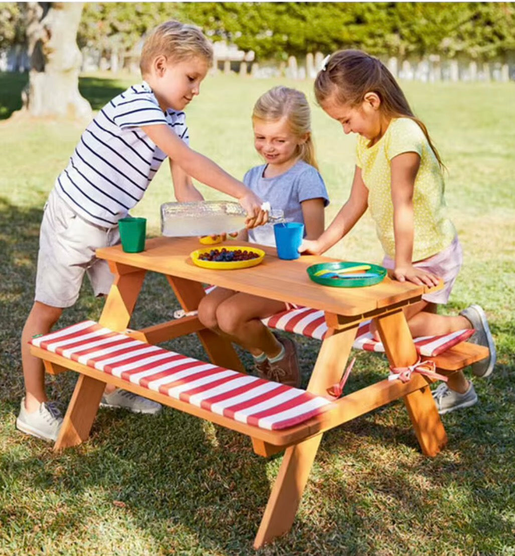 Livarno Home 89 x 79 x 50 cm wooden garden children's seating set, picnic bench set, natural wooden table with benches, seat cushions, 100 kg load capacit