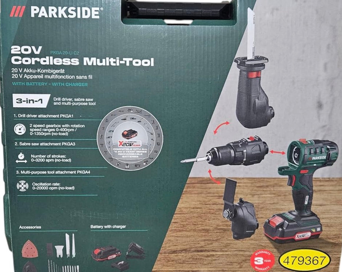 Brand: Parkside
PARKSIDE 3-in-1 Multi-Function Tool - Drill / Reciprocating Saw / Multi-Tool 20V