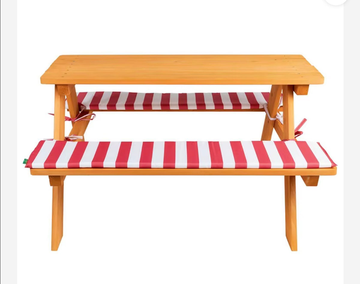 Livarno Home 89 x 79 x 50 cm wooden garden children's seating set, picnic bench set, natural wooden table with benches, seat cushions, 100 kg load capacit