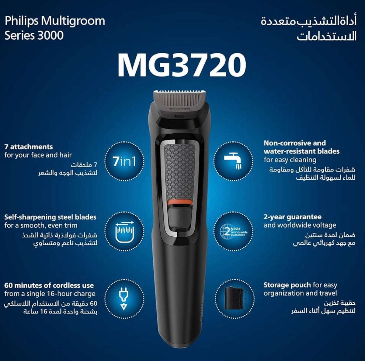 Philips Multigroom 3000 MG3720/33 | 7-in-1 All-in-One Trimmer for Face & Hair | Maintenance-Free Blades, Nose & Ear Trimmer | 60min Cordless Use, Includes Nose & Ear Trimmer, Hair & Beard Combs