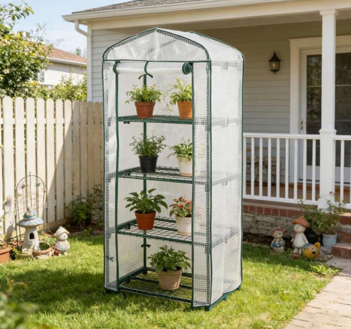 Parkside Plastic film greenhouse 49x69x160 cm with 4 levels, stable propagation house with 120gsm PE mesh film, roll-up door, steel frame & plug-in system for balcony and garden