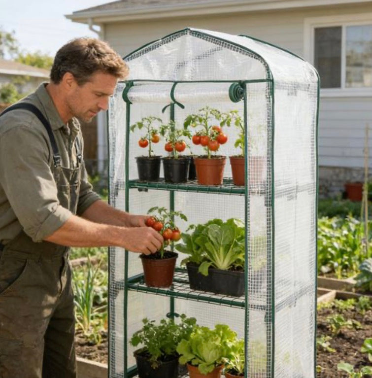 Parkside Plastic film greenhouse 49x69x160 cm with 4 levels, stable propagation house with 120gsm PE mesh film, roll-up door, steel frame & plug-in system for balcony and garden