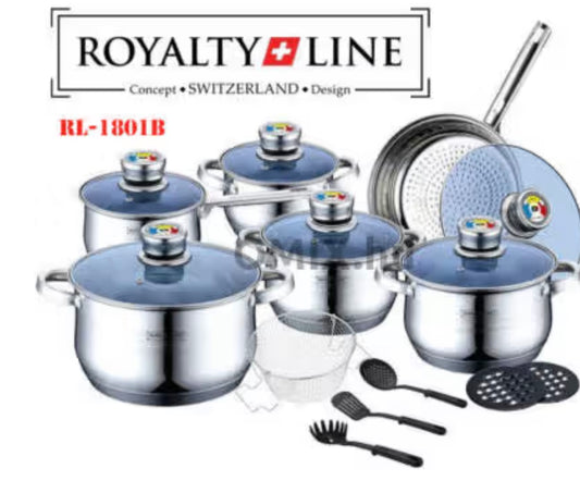 Royalty Line — 18-Piece Stainless Steel Inox Cookware Set with Glass Lids & Utensils