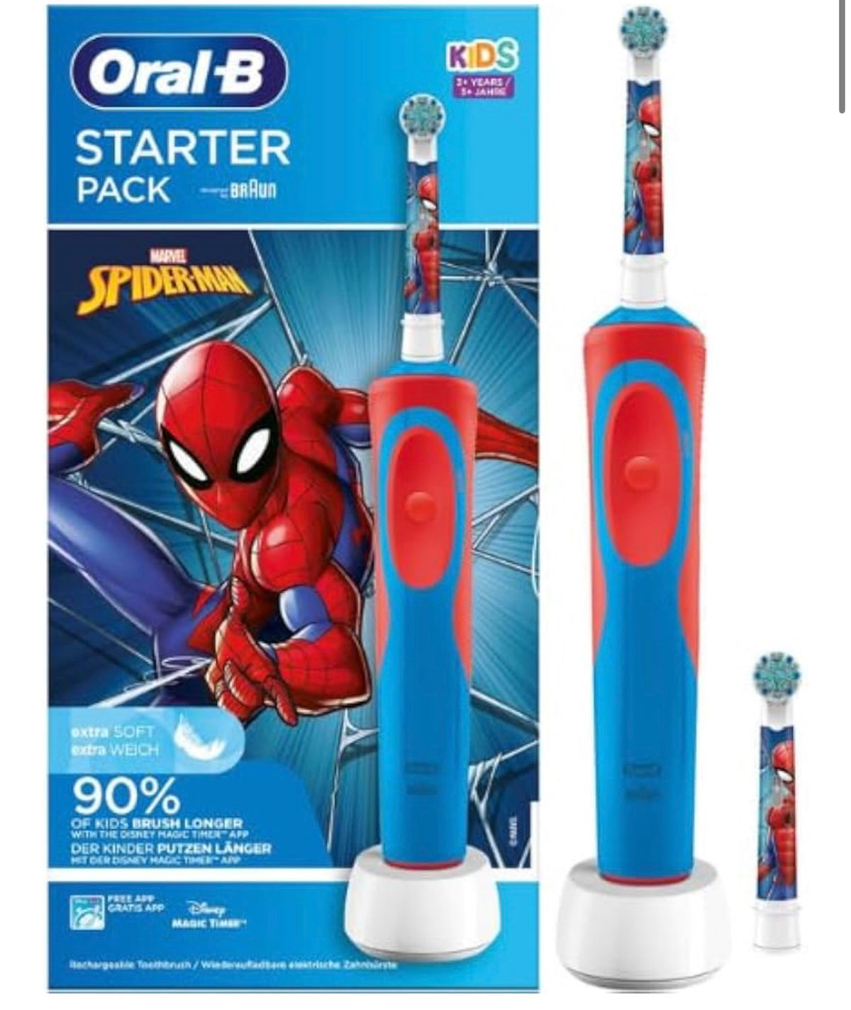 Oral-B Kids Spiderman Electric Toothbrush With 2 Brush Heads - Starter Pack - For ages 3 and up