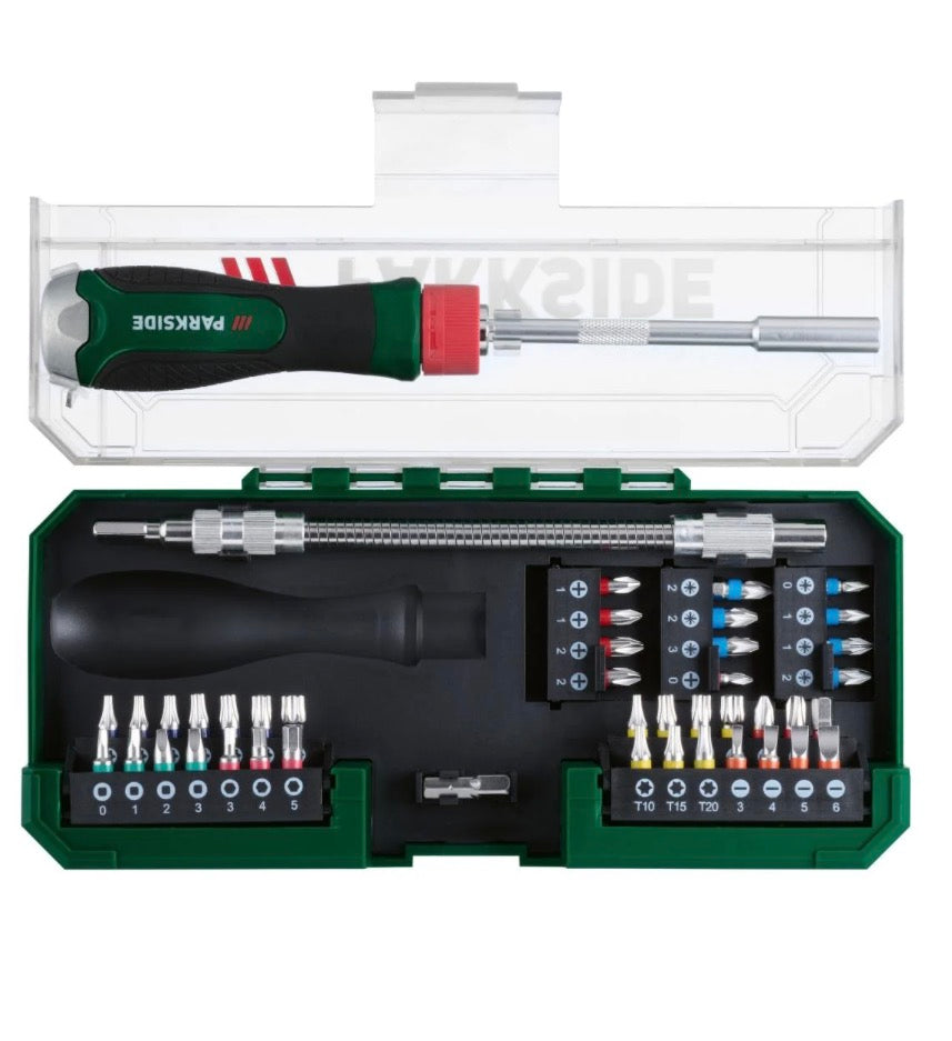 Parkside Ratchet screwdriver set and bits, in a handy plastic case