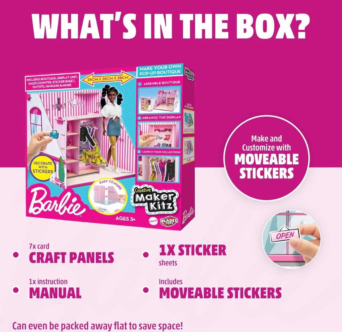Barbie, Make Your Own/Build Your Own Dream Room Pop up Boutique Playset
Cardboard craft kit, folds flat for easy storage, ages 3+, doll not included, Creative Maker Kitz by Bladez Toyz