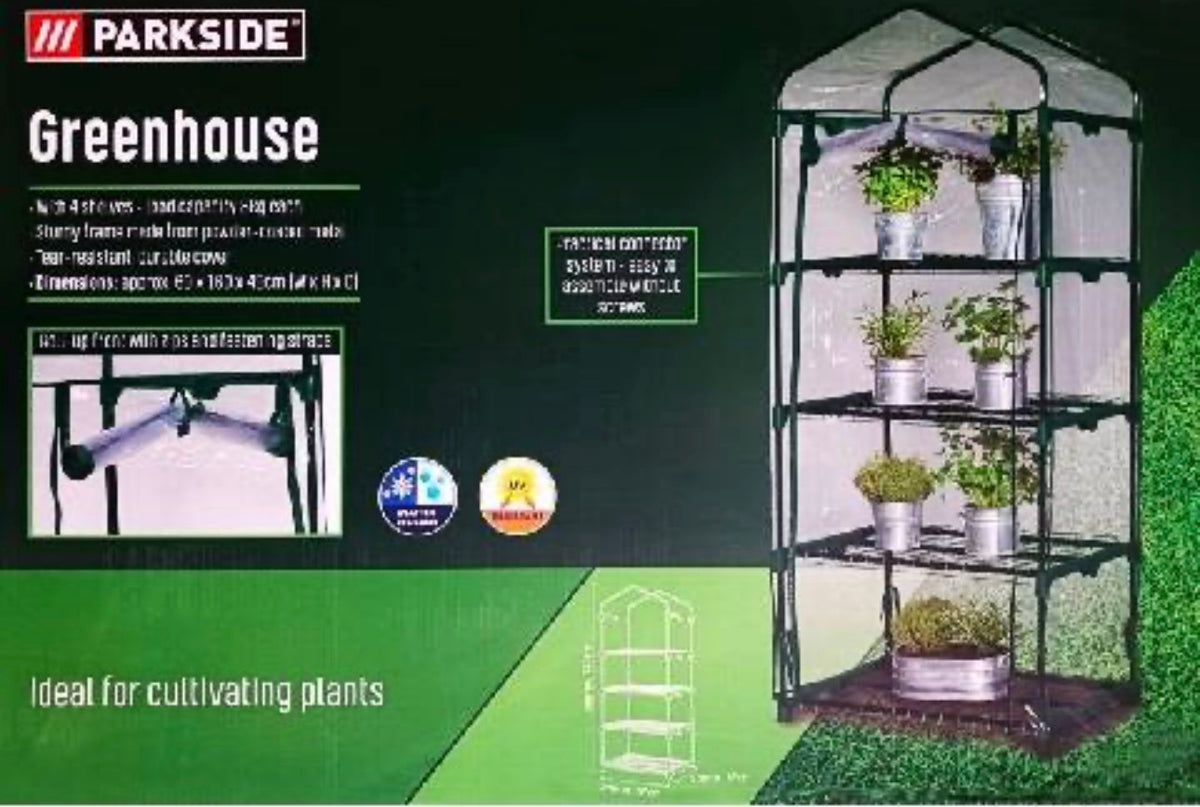 Parkside Plastic film greenhouse 49x69x160 cm with 4 levels, stable propagation house with 120gsm PE mesh film, roll-up door, steel frame & plug-in system for balcony and garden