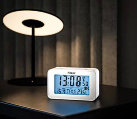 Digital radio alarm clock, moon phase display, white