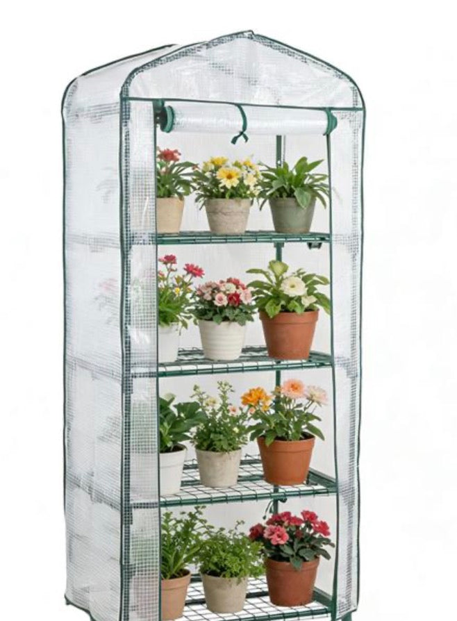 Parkside Plastic film greenhouse 49x69x160 cm with 4 levels, stable propagation house with 120gsm PE mesh film, roll-up door, steel frame & plug-in system for balcony and garden