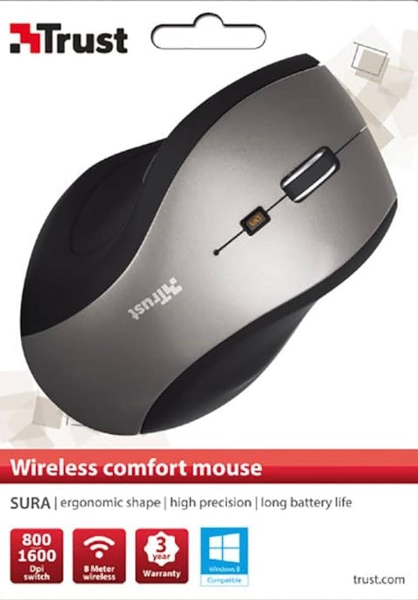 Trust Sura Wireless Optical Ergonomic Mouse (Up to 1600 dpi, Micro USB