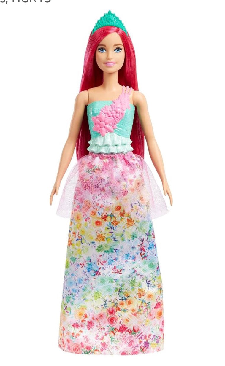 Barbie Royal Dreamtopia Pink Hair Doll with Glittering Bodice, Multi-coloured Flower Skirt and Hair Accessory, Children's Toy, From 3 Years, HGR15