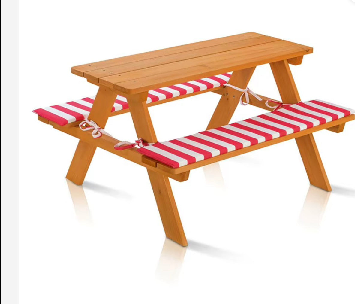 Livarno Home 89 x 79 x 50 cm wooden garden children's seating set, picnic bench set, natural wooden table with benches, seat cushions, 100 kg load capacit