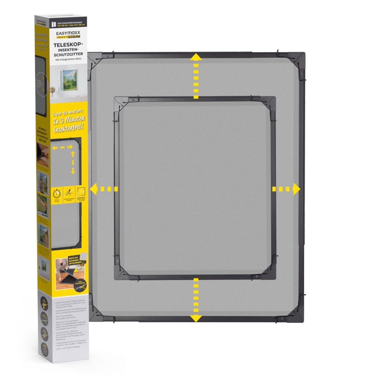 EASYmaxx Telescopic Fly Screen Frame for Windows | Mosquito Net with Pre-Assembled Frame - Adjustable | Bug Mesh Easy Installation | Protection Against Mosquitoes, Flies, Wasps [Anthracite]
