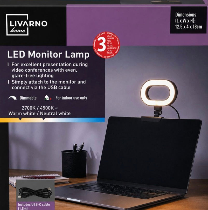 Livarno Home USB Dimmable LED Monitor Lamp with 3 Light Tones, 12.5 x 4 x 18 cm