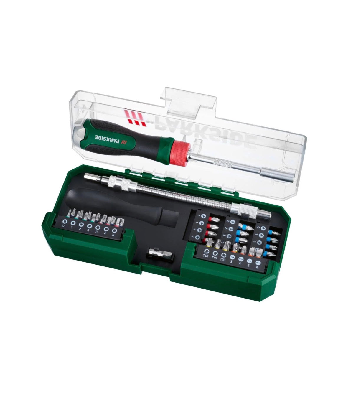 Parkside Ratchet screwdriver set and bits, in a handy plastic case