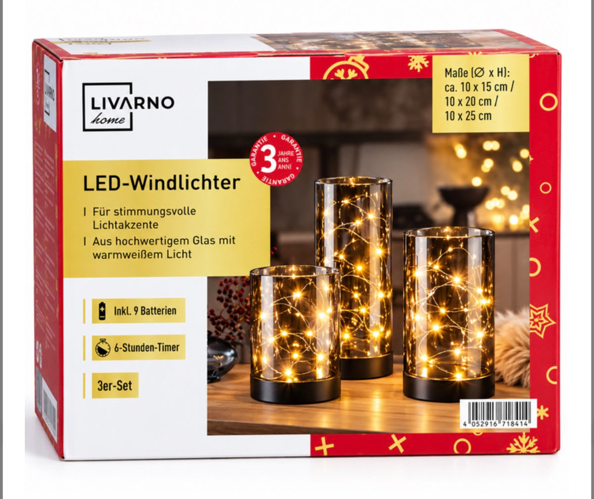 Set of LED candle holders LIVARNO home, 3 pcs., glass, warm white light, 6-hour timer