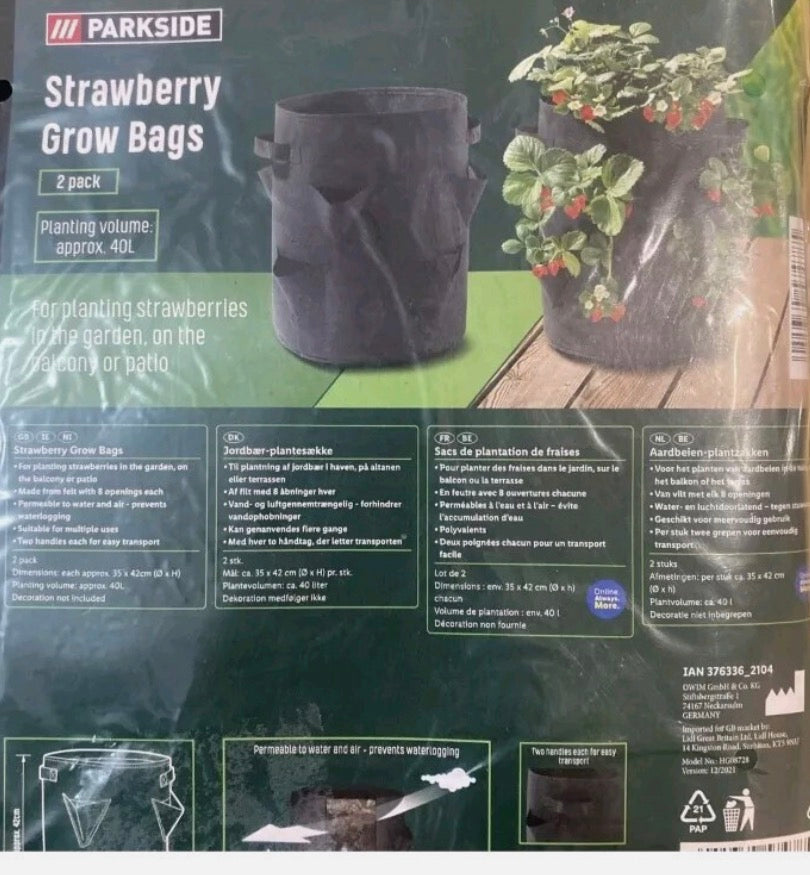 Parkside 2 Pack Strawberry Grow Bags planting Volume 40L Size 35x42cm