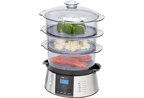 Clatronic DG 3547 Electric Steamer, Steam Cooker, Rice Cooker, Steamer with 3 Steamer Containers Including Rice Bowl, Digital Timer, LCD Display, Mesh Indicator Light, Black/Stainless Steel Look