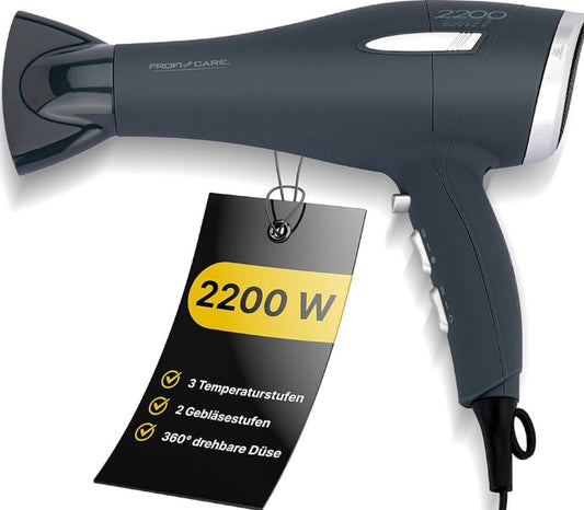 ProfiCare PC-HT 3045 Professional Hair Dryer, Hair Dryer with Soft-Touch Housing and Overheating Protection, Cool Shot, 3 Power Levels, Includes 2 Replacement Filters, 2200 Watt, Anthracite/Silver