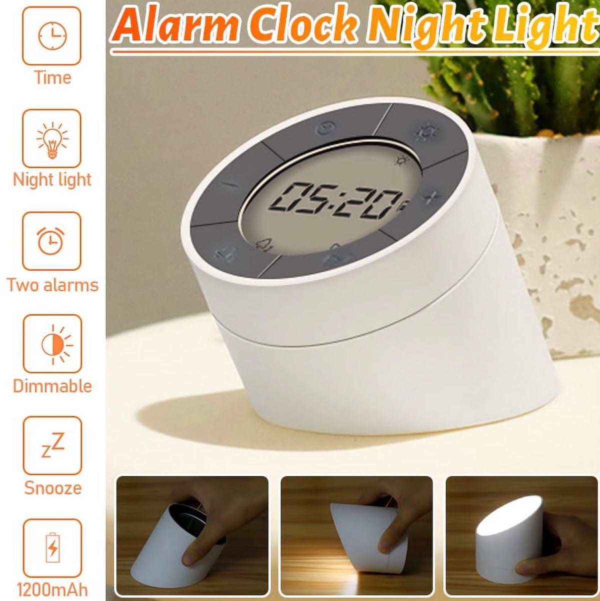 Mebus Digital Alarm Clock Night Light 2 in 1, Dimmable, 1200mAh Battery, Charging via Micro USB Cable (Included), Two Alarm Times, Snooze Function/Material: Plastic/Color: White/Model: 25649