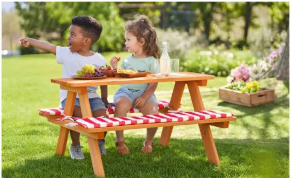 Livarno Home 89 x 79 x 50 cm wooden garden children's seating set, picnic bench set, natural wooden table with benches, seat cushions, 100 kg load capacit