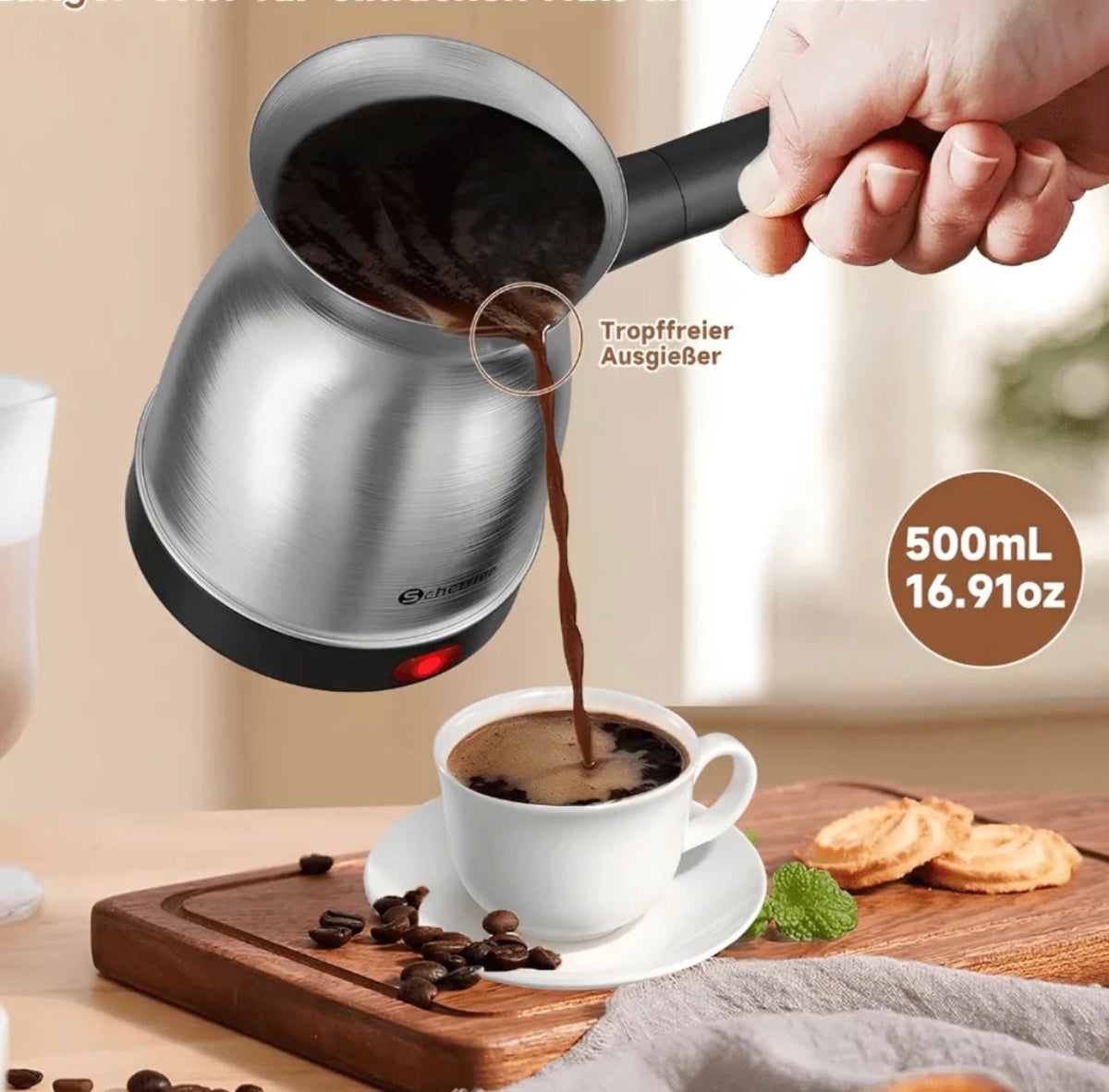 Scheffler Electric Turkish Coffee Pot 800W, Stainless Steel Moka Pot, 500ml Capacity, Cordless 360° Base, with Detachable Handle