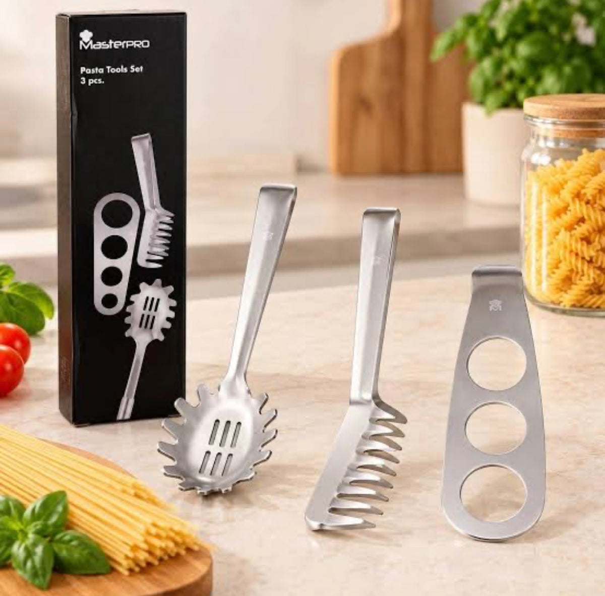 MasterPro Pasta Set Stainless Steel Spoon Tongs Measuring Cup S183