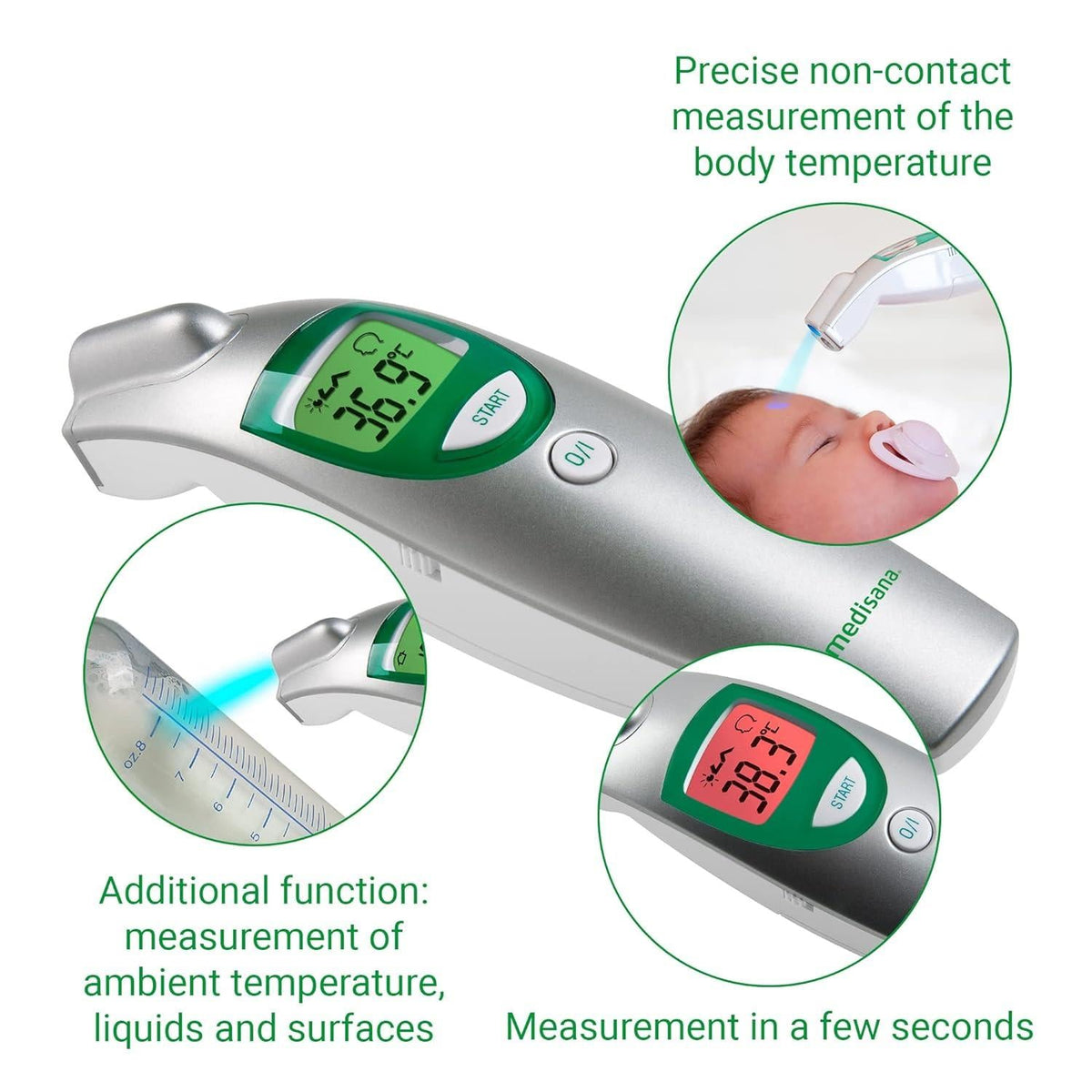 Medisana FTN Infrared Thermometer Measure Body Temperature for Adults Children+Babies w/ Hygienic Contact-Less Technology Store up to 30 Measurements Visual Fever Alarm Medical Certified -76120 Single