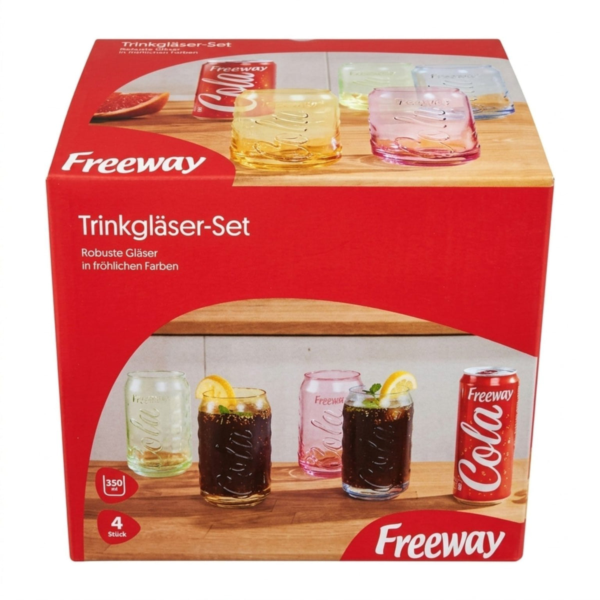 Freeway Set of 4 Retro Cola Glasses 350 ml Relief Glass Drinks Bar Dishwasher Safe