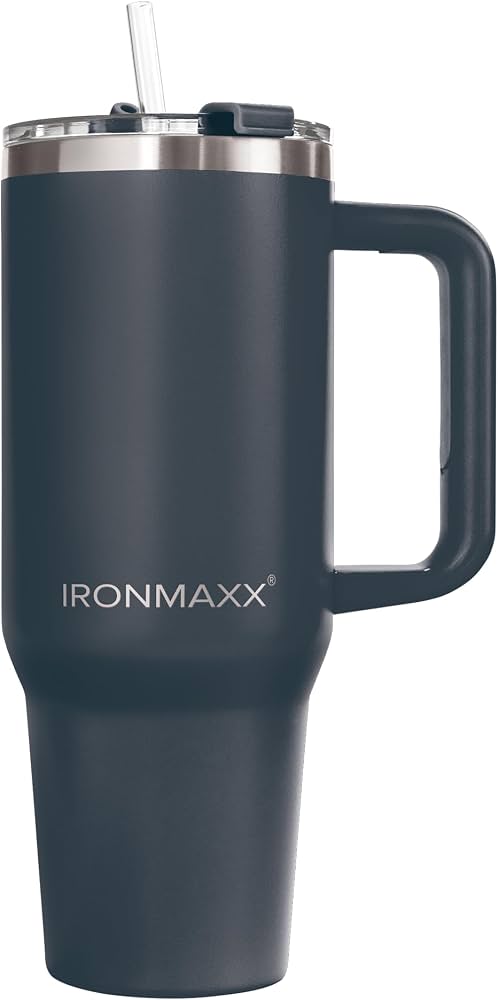 IronMaxx Cup with Handle - Anthracite 1.2 L | with Included Straw | Slim Modern Design Made of Stainless Steel | Leak-proof Lid & Double-Walled Insulation | Keeps Warm and Cold