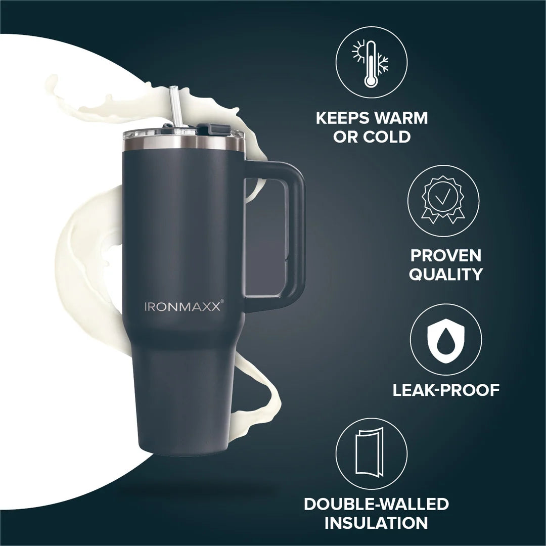 IronMaxx Cup with Handle - Anthracite 1.2 L | with Included Straw | Slim Modern Design Made of Stainless Steel | Leak-proof Lid & Double-Walled Insulation | Keeps Warm and Cold
