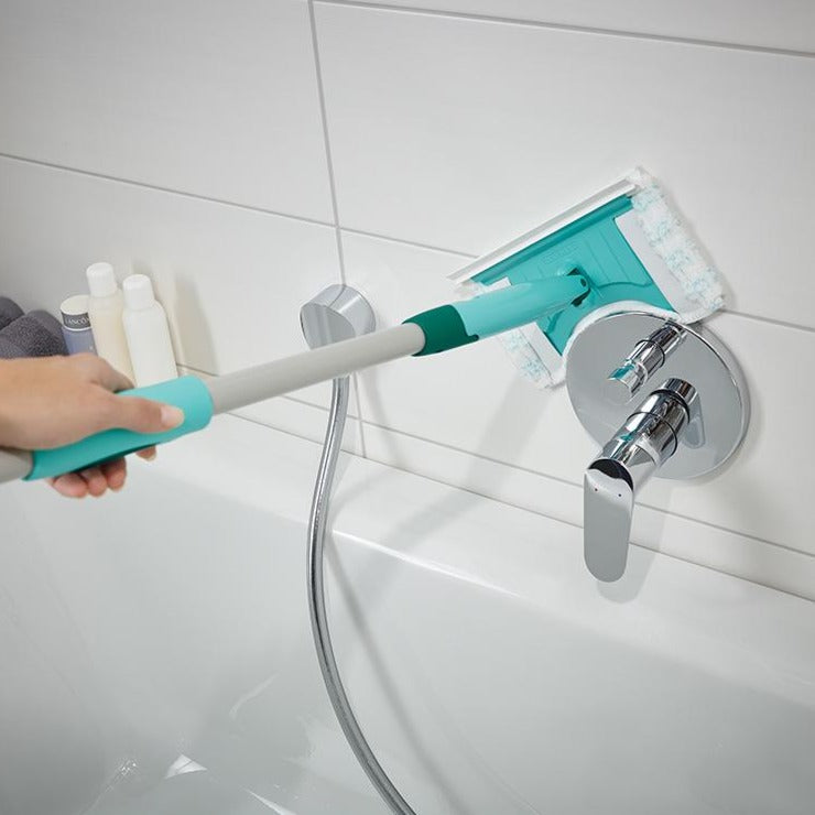 Leifheit Tile and Bathtub Wiper Flexi Pad w/ Telescopic handle L41700& Leifheit Bath Cleaner Micro Duo Pad, Click System free & Leifheit Classic Foam Broom for Click System Handles, width 34 cm, Useful for Allergy Suffers as Dust is not Whirled Up, No Dus
