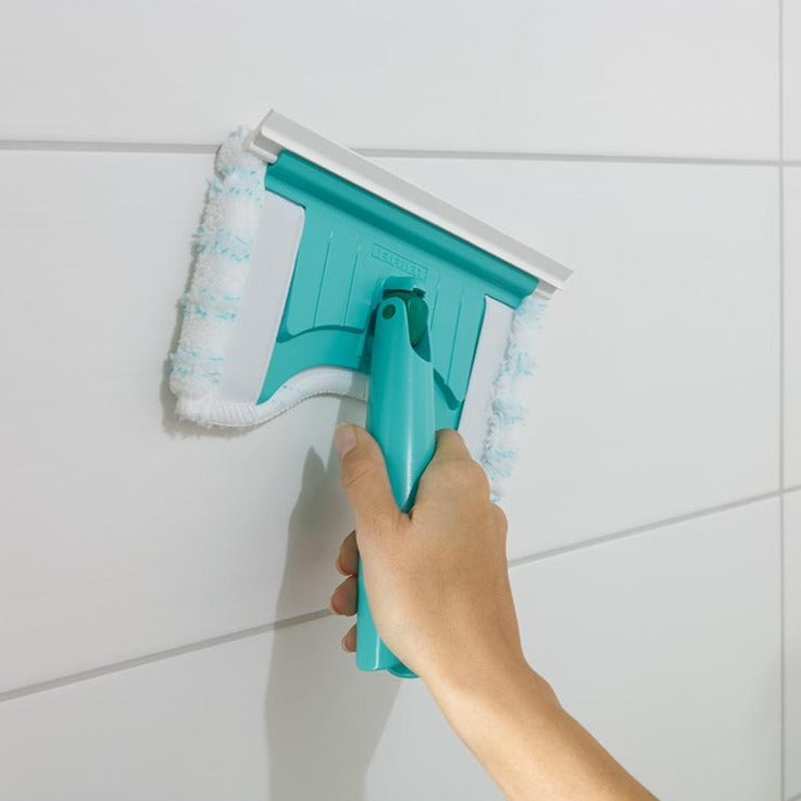 Leifheit Tile and Bathtub Wiper Flexi Pad w/ Telescopic handle L41700& Leifheit Bath Cleaner Micro Duo Pad, Click System free & Leifheit Classic Foam Broom for Click System Handles, width 34 cm, Useful for Allergy Suffers as Dust is not Whirled Up, No Dus