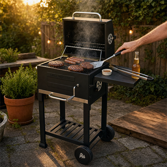 Grill Meister Kansas — Compact Charcoal Barbecue with Cabinet & Wheels